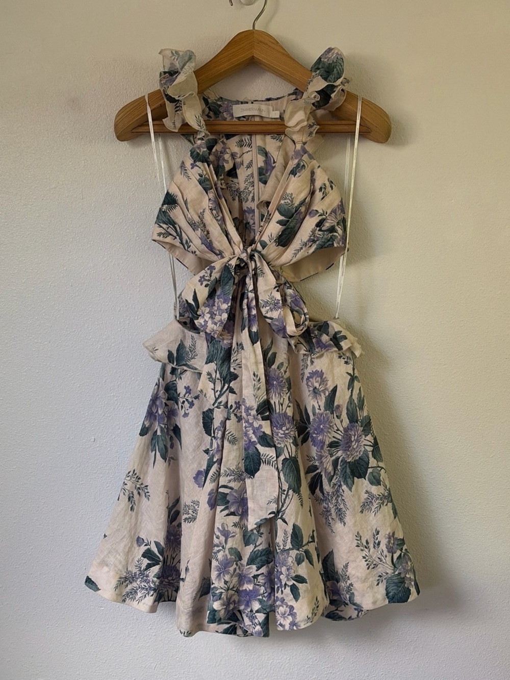 Zimmermann | Cream Hydrangea Floral Print Linen Cassia Mini Dress - Picture 3 of 9
